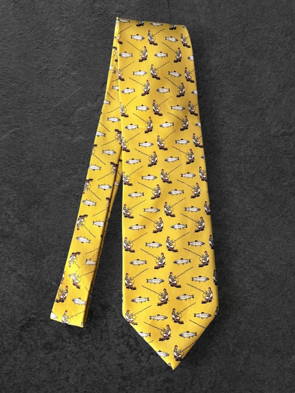 Vintage Kai Long Mens Silk Tie Fly Fishing Trout Fisherman Yellow Handmade